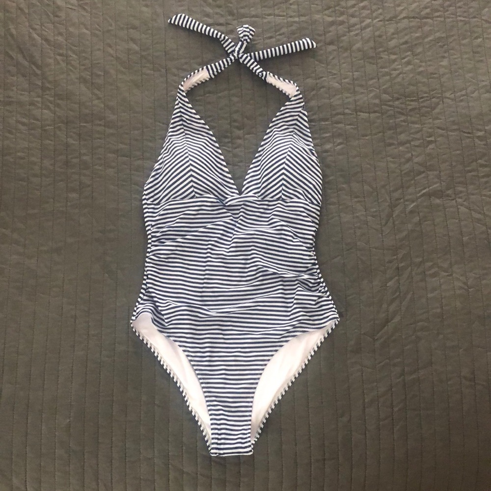 Blue And White Stripe Halter One Piece Swimsuit